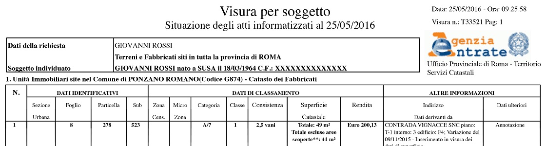 Visura per soggetto catastale